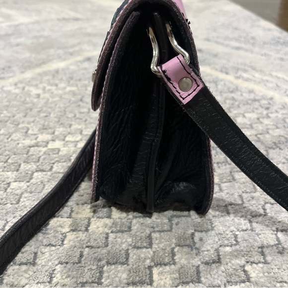 Embroidered Leather Crossbody Purse Adjustable Strap Pink & Purple Flowers Boho - Picture 7 of 12